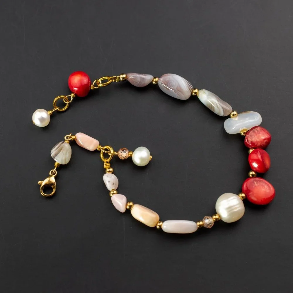 Mismatched beaded bracelet, red coral and pearl bracelet handmade